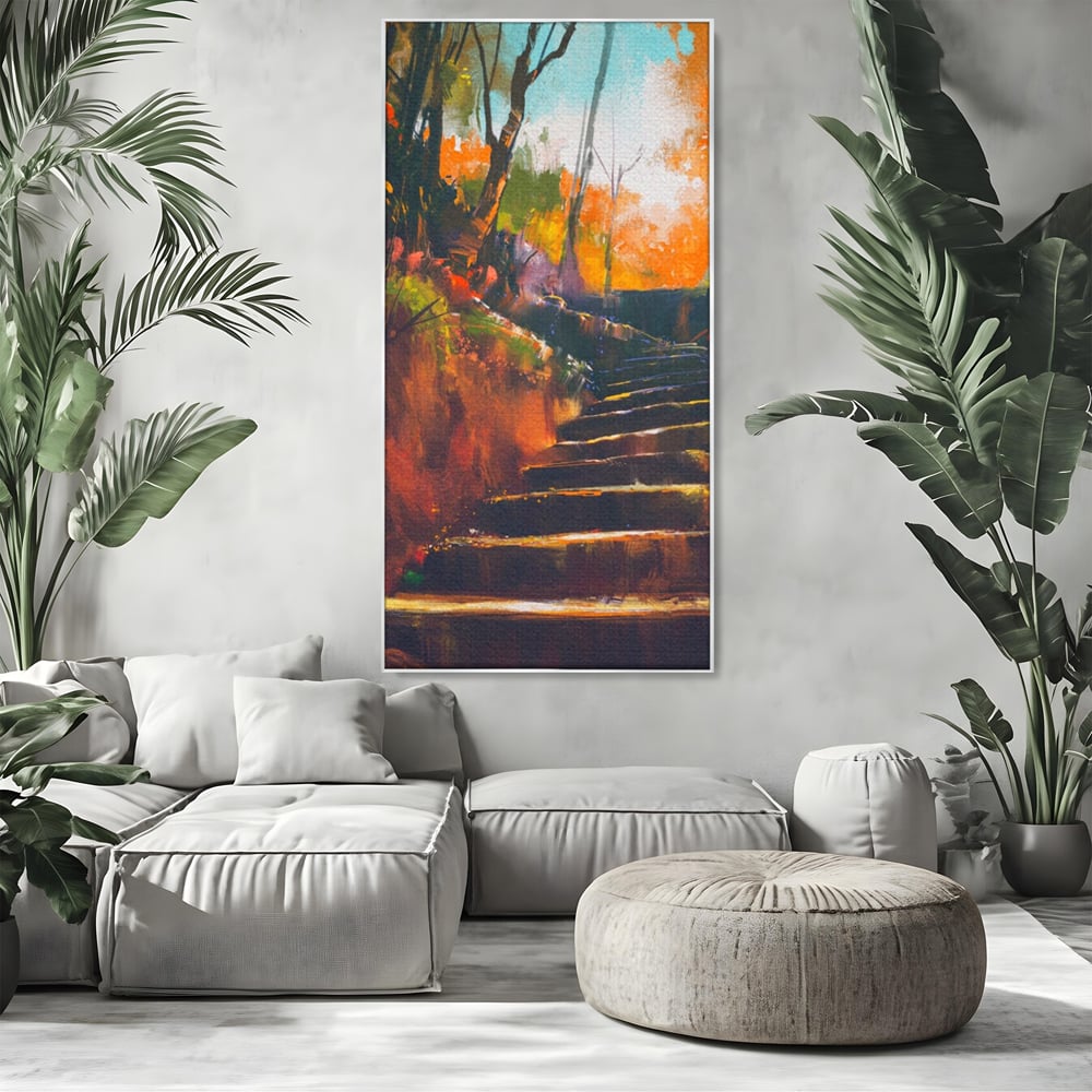 Tablou canvas cu tablou canvas cu scari de toamna, in rama de aluminiu argintiu, pe perete intr-un living